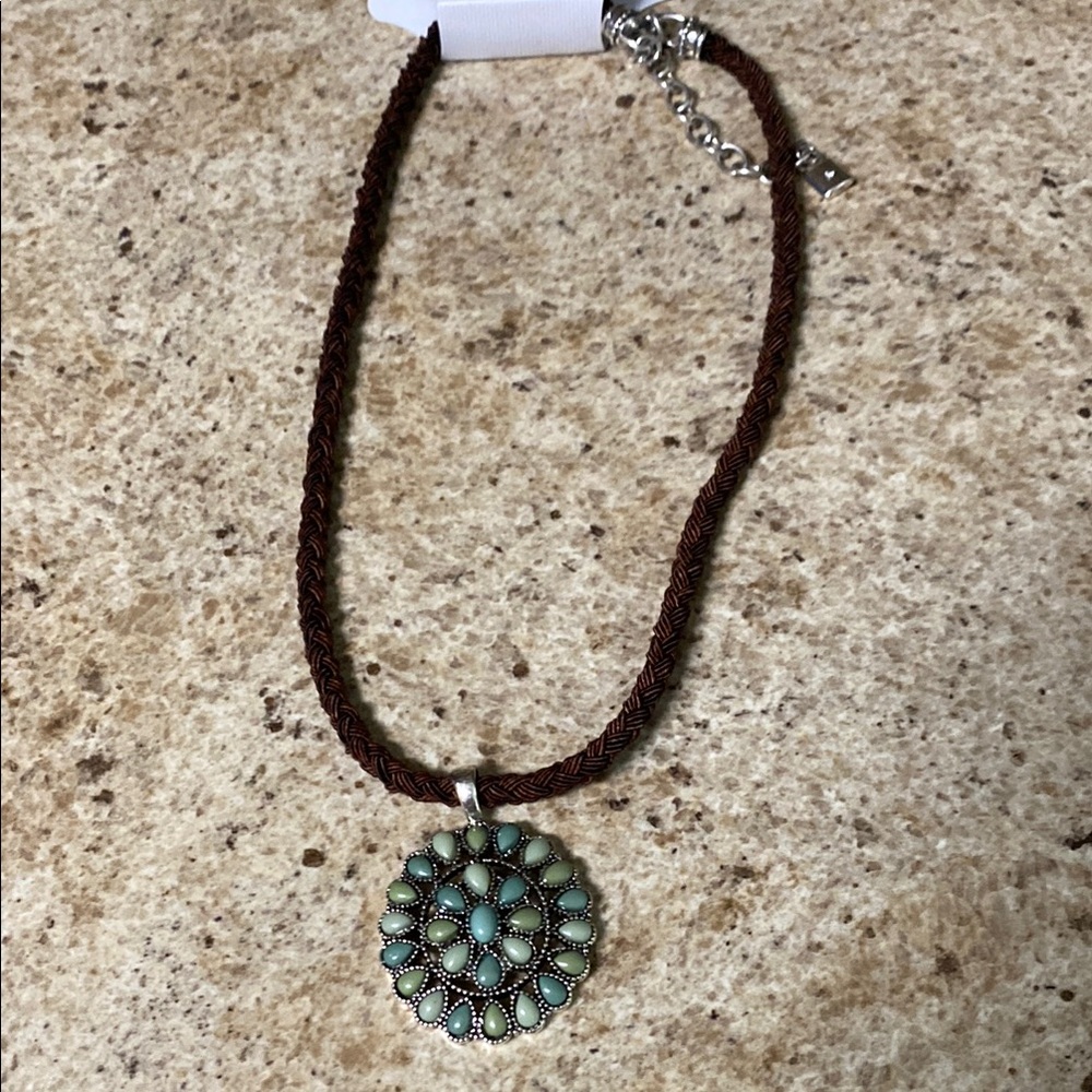 Chaps Silver and Green Necklace with Circular Pendant
